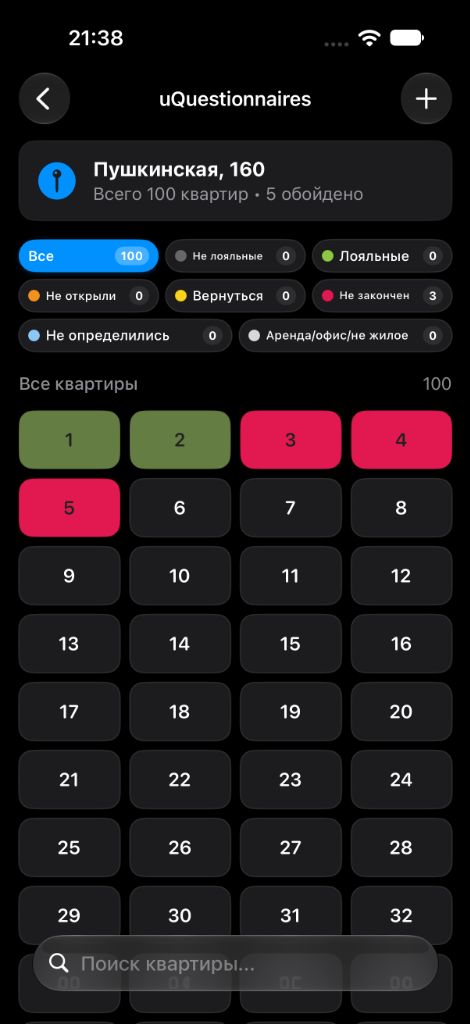 uQuestionnaires — Главный экран поквартирного учета